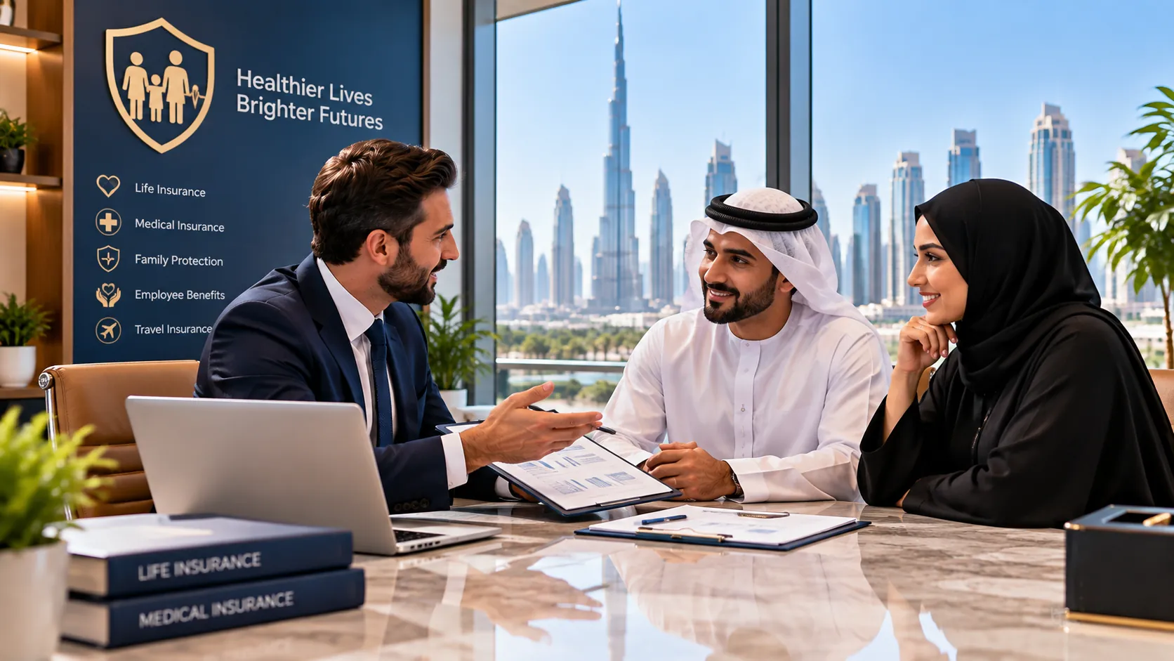 An insurance adviser taking two clients through life and medical cover options