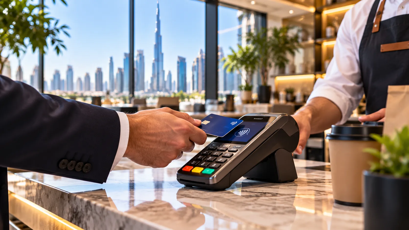 A customer tapping a bank card on a contactless terminal at a counter